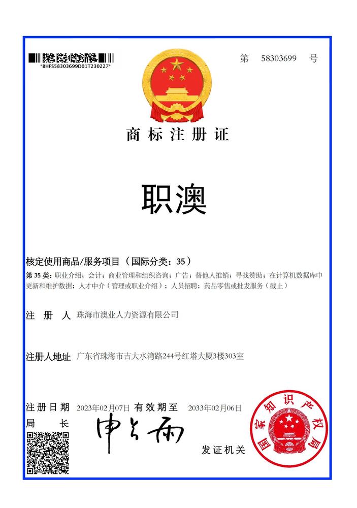 职澳品牌商標證書